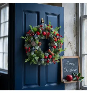 Artificial robin Christmas wreath pine needle garland for front door holiday home decor.