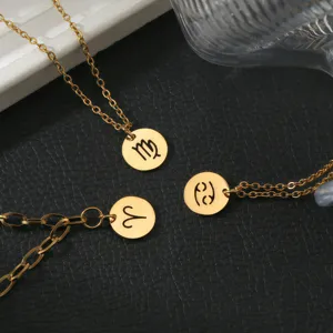 Stainless steel 18K gold zodiac round cutout pendant necklaces set, trendy DIY jewelry decor.