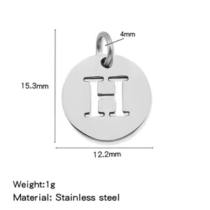 Stainless steel letter H pendant detail view, showing precise dimensions and lightweight design.