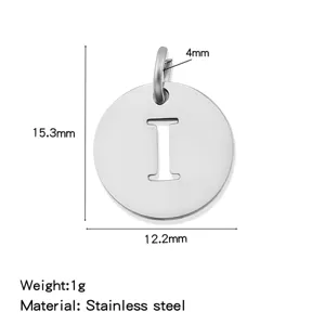 Stainless steel letter pendant diy accessory, stylish hollow round charm with alphabet.