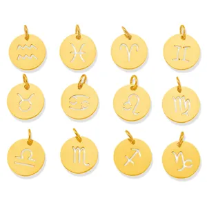 12 Constellation Stainless Steel 18K Gold Plated Hollow Round Pendant DIY Jewelry Charm