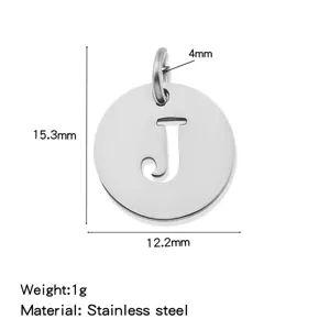 Stainless steel letter J round pendant DIY charm accessory detail view showing size and weight.