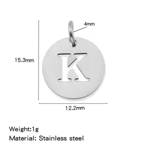 Stainless steel round letter K cutout pendant detail view, showing size and weight specs.