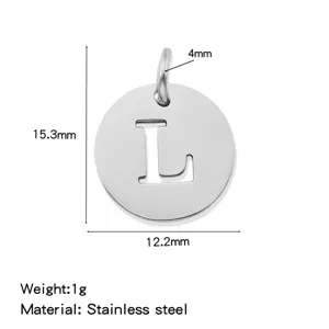 Stainless steel hollow letter L round pendant, lightweight jewelry DIY accessory details.