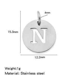 Stainless steel letter N round pendant DIY jewelry accessory, lightweight durable metal charm.