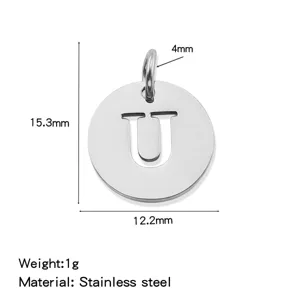 Stainless steel hollow letter U round pendant accessory, showing exact dimensions and weight details.
