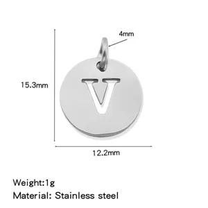 Stainless steel letter V round pendant charm, durable DIY jewelry accessory with dimensions.