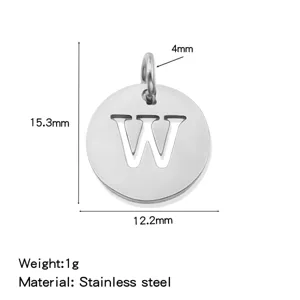 Stainless steel letter W pendant detail view showcasing precise dimensions and lightweight design.