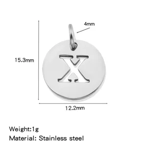 Stainless steel round letter X pendant DIY jewelry accessory with clear size specifications.