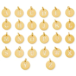 Gold stainless steel 26 alphabet letter cut-out round charm pendants for jewelry making DIY.