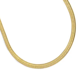 Close-up detail view of a golden herringbone chain necklace, elegant flat snake chain design.
