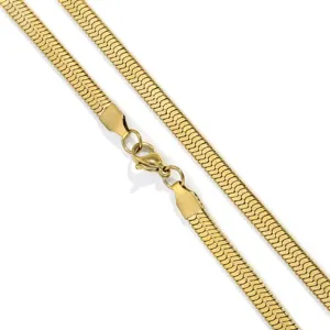 Detailed view of 18k gold plated stainless steel flat herringbone chain necklace with lobster clasp.