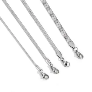 Stainless steel herringbone chain detail shot, showcasing multi-width flat snake chain links.