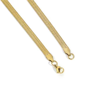 Gold stainless steel herringbone chain necklace detail, elegant flat blade choker jewelry.