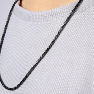 Black titanium steel box chain necklace for men and women, stylish daily commuting jewelry.