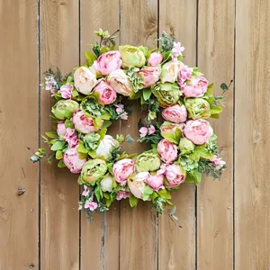 Couronne de Fleurs Artificielles de Pivoine et Hortensia Couronne Florale Printemps Été Pour Porte D'entrée Jardin Décoration Murale Rose Orange Vert Décoration Maison