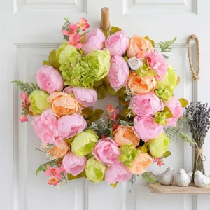 Couronne de fleurs de printemps pour porte d'entrée, pivoines colorées et hortensias décoration suspendue.