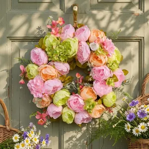 Couronne de fleurs pivoine hortensia rose orange vert printemps pour porte entree exterieure