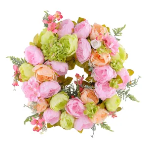 Couronne de fleurs pivoine hortensia rose orange vert pour porte d'entrée déco maison