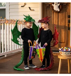 Kids Halloween dragon costume set with wings mask tail and candy bag detailed view