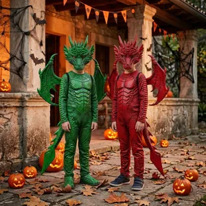Kids Halloween dragon costume set cosplay party outfit with wings mask tail green red
