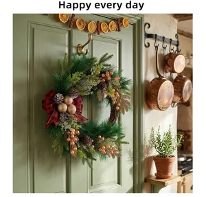 Christmas wreath with red black plaid bow pine cones berries for front door holiday home decor
