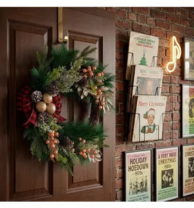 Christmas pine wreath with red and black plaid bow and berries for home front door decor.
