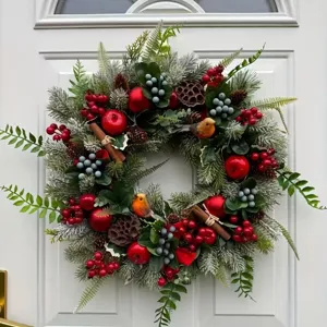 Christmas Robin Wreath Artificial Pine Needles Rattan Ring Red Berries Cones Ornaments For Front Door Wall Hanging Patio Decoration