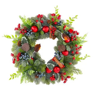 Artificial Christmas wreath with pine needles, red berries, robins and pinecones for door wall decor