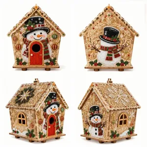 DIY Pearl Art Christmas Wooden House Tabletop Ornaments Christmas Decoration Santa Claus Snowman Reindeer Rhinestone Inlaid Handmade Gift
