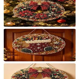 Navidad acrílico diamante pintura colgante DIY festivo corona y calcetín decor