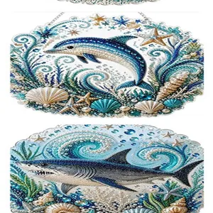 Colgante de pintura de diamante acrílico tema océano, delfín y tiburón adorno colgante redondo.