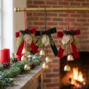Noël Nœud Papillon Cloche Ornement Suspendu Nœud en Velours Pomme de Pin Cloche en Métal Sapin de Noël Couronne Décor Fête Maison Atmosphère Agencement
