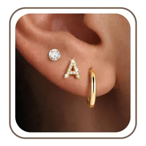 Minimalistische Vergulde Koperen Alfabet Oorbellen Set Voor Vrouwen Initiële Strass Knopringen 26 Letters Sieraden Cadeau