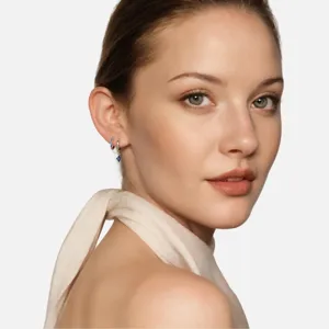 Stunning silver metal hoop earrings set featuring blue square diamond gemstone pendants.