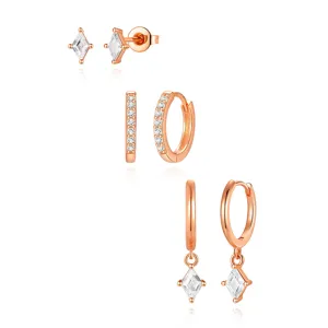 Rose gold geometric earring set featuring diamond studs and hoop earrings for women.