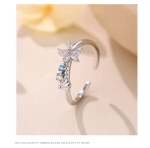 Detailansicht des S925 Silber Seestern Muschel blauen Zirkon Rings, eleganter Sommerurlaub.
