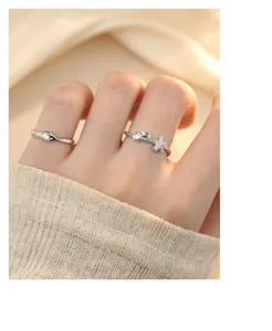 S925 Silber Stern und Muschel blaue Zirkon Ring Detailansicht, Sommerurlaub offener Ring.