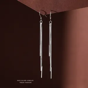 S925 sterling silver long tassel earrings featuring a minimalist luxury design for women.