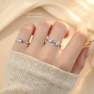 S925 Silber Seestern Muschel Blau Zirkon Ring Offener Finger Schmuck für Damen Sommer