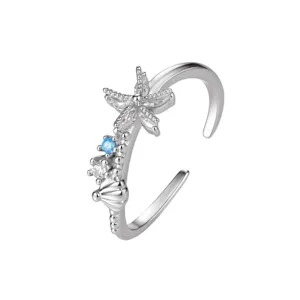 S925 Silber Seestern Muschel blaue Zirkonia offener Ring Damen eleganter Urlaubsstil