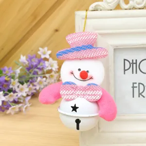 Christmas snowman hanging bell ornament, cute pink hat holiday decor for home party.