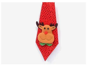 Christmas sequin red necktie with cute felt reindeer decoration for holiday party.