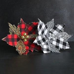 Weihnachten Künstliche Blumen Poinsettia Mit Rot Schwarz Karo Glitzer Beeren Für Kranz DIY Urlaub Home Party Baum Dekor