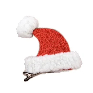 Cute Christmas Santa hat hair clip for kids, sparkling red glitter and fluffy white plush design.