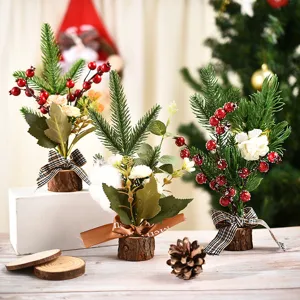 Mini Tabletop Christmas Tree Ornament With Wooden Base Rustic Artificial Pine Tree Table Centerpiece Decoration For Holiday Home Office Decor