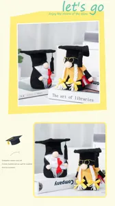 Set peluche bambola gnomo di laurea, folletto senza volto con cappello nero da studente.