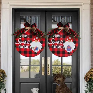 Plaque De Bienvenue Rustique En Bois De Noël Panneau De Porte Buffalo Carreaux Rouge Noir Rond Couronne Suspendue Avec Icônes De Vacances Interchangeables Gnome Décoration