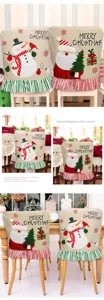Christmas linen chair covers set with Santa Claus and snowman design for holiday home decor.