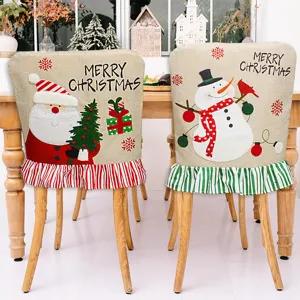 Christmas Santa Claus Snowman Linen Chair Cover Printed Burlap Festive Decoration For Dining Table Home Party Decor